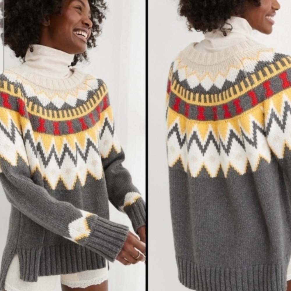Aerie Fair Isle chunky knit pullover sweater grey crew neckline size medium